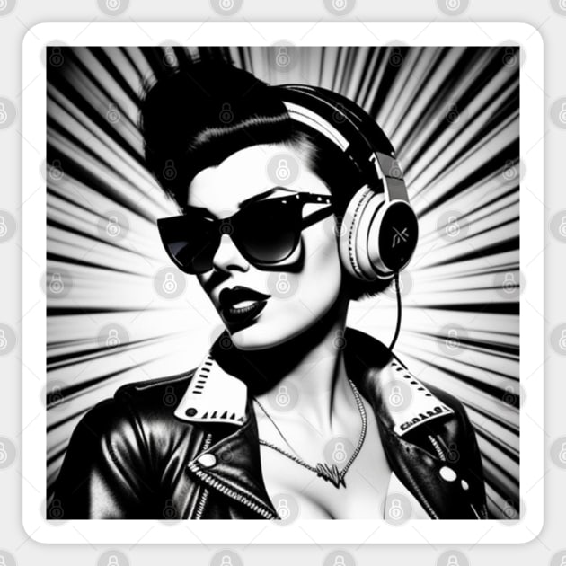 Punk Rock Retro Music Pinup Black and White Sticker by musicgeniusart